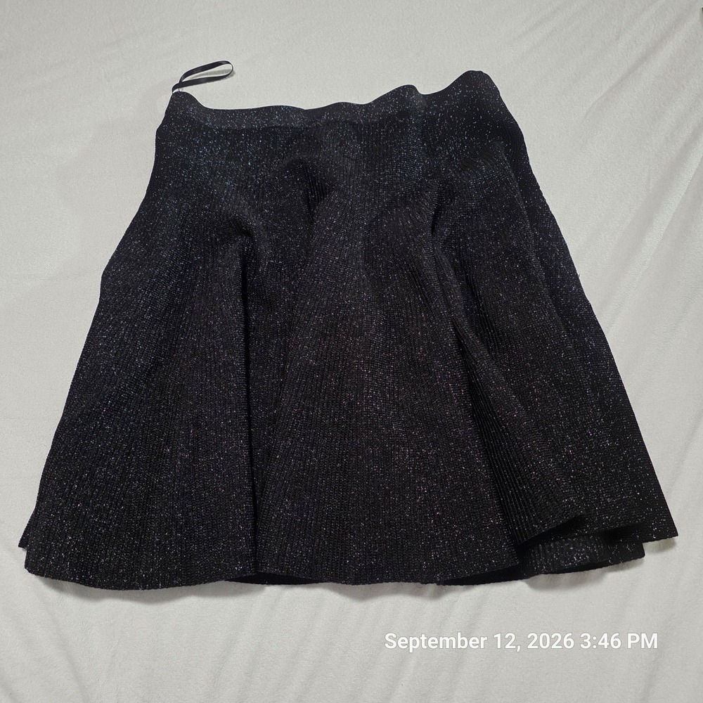Ronny Kobo Metallic Knit Flared Mini Skirt Black Blue Sparkle Size L